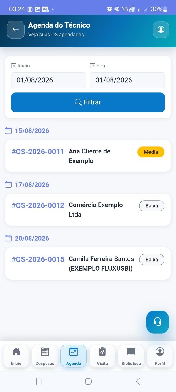 Agenda real do App do Técnico FluxusBI