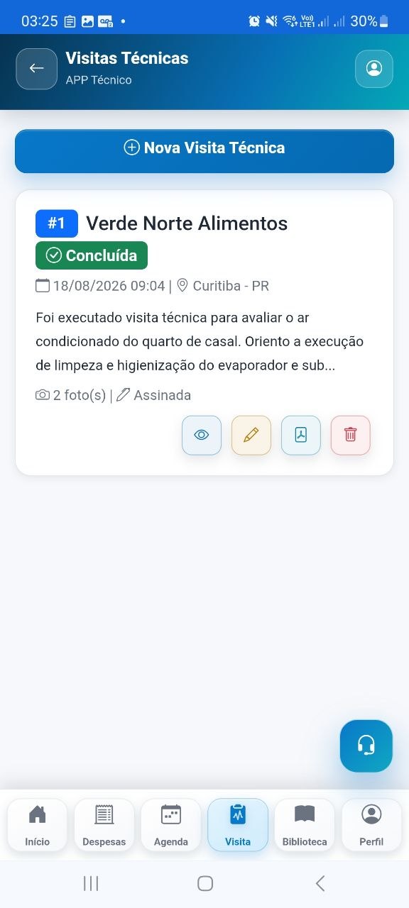 App do técnico FluxusBI em tela de visitas