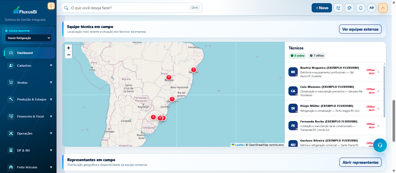 Dashboard do FluxusBI com mapa de equipes técnicas em tempo real
